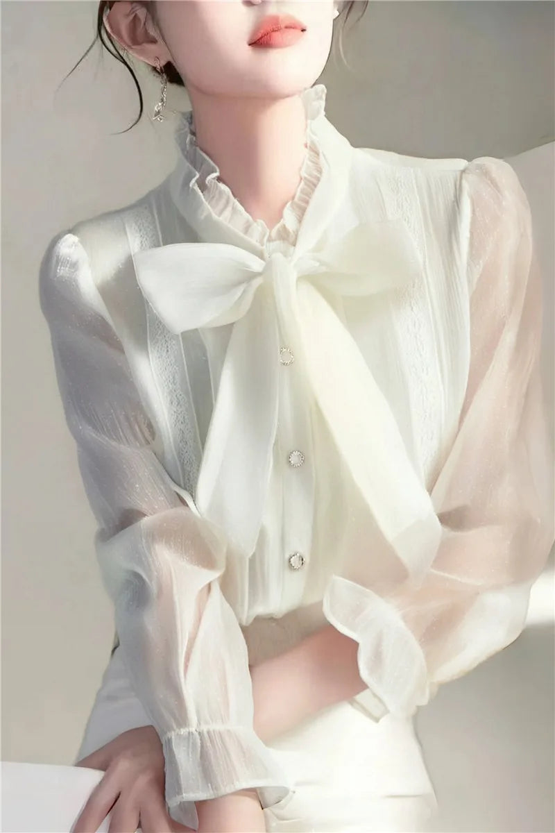 Chiffon Women Shirts Summer 2023 Solid Long Sleeve Fashion Y2k Blouses Loose Korean Top Bow New Casual Blusa