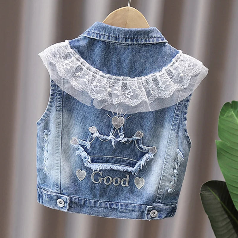 Children's Vest Spring and Autumn New Bow Crown Flower Print Flip Collar Vest Sweet and Cute Fashion Versatile Coat