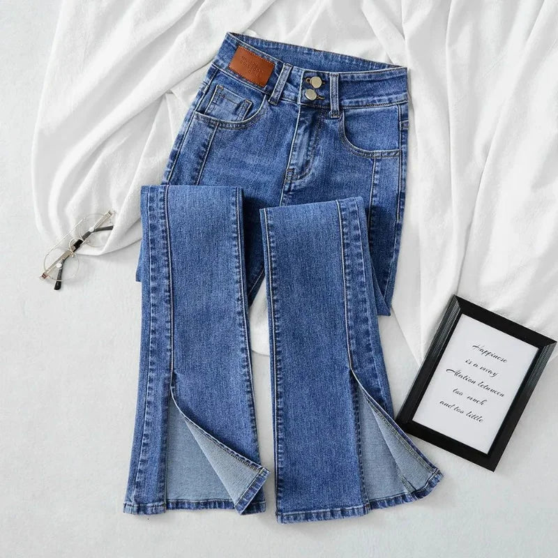Streetwear Fashion Woman Clothing Split Slim Flare Jeans Spring Summer New High Waist All-match Vintage Casual Mop Denim Pants