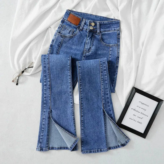 Streetwear Fashion Woman Clothing Split Slim Flare Jeans Spring Summer New High Waist All-match Vintage Casual Mop Denim Pants