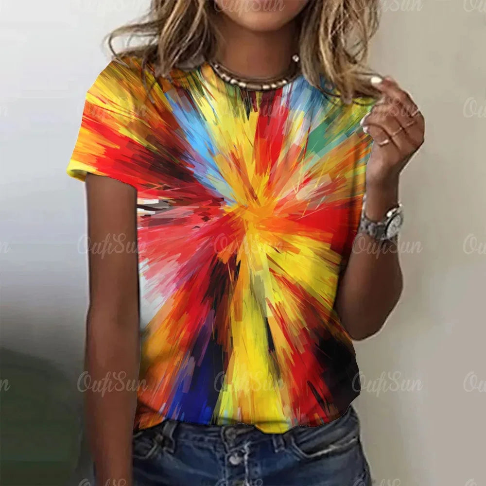 Colorful Splash 3D Painting Women's Summer T-Shirts Y2K Street Fashion Casual Style  Comfortable Breathable Short Sleeve T