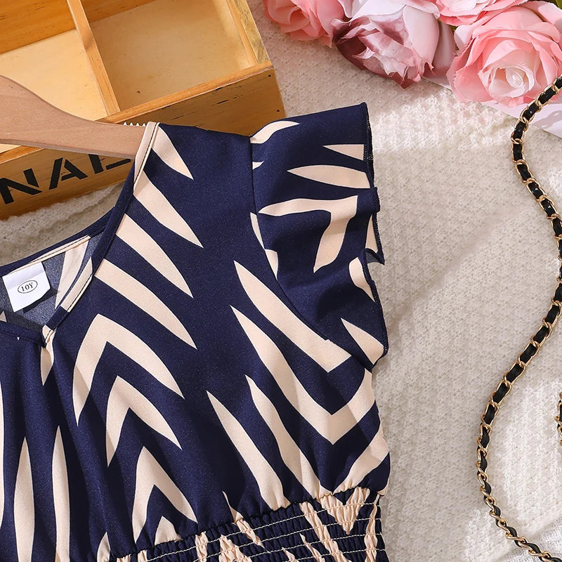 Girls Sleeveless Striped Navy Blue Dress Shirred-Waist Aline Dress Summer Tween Girls Dress Daily Casual Activity Baptism Dress