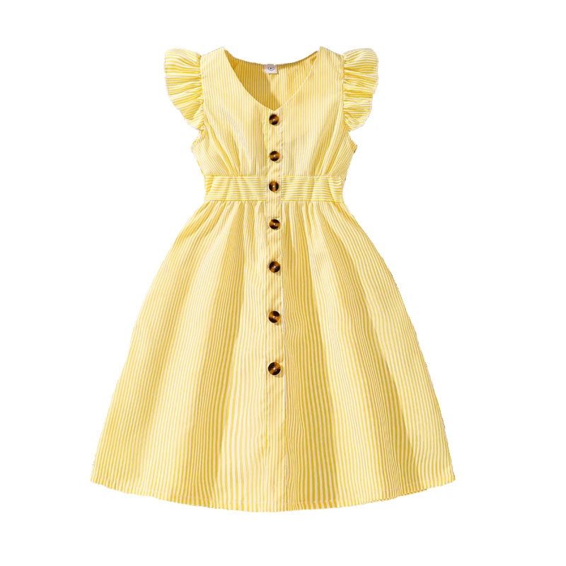 Girl Dress Summer New Light Blue Stripe Ruffled Sleeveless V-Neck Dress Elegant Cute Daily Casual Vacation Preppy Style Outifits