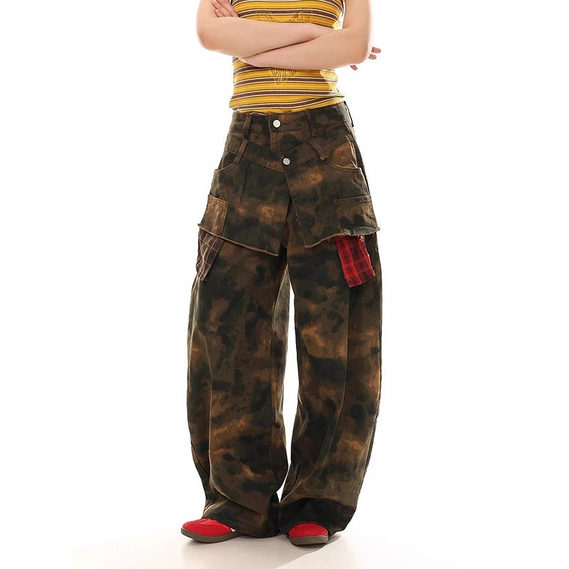 ZHIZOU Autumn Womens Jeans High Waist Baggy Casual Vintage Y2K Camouflage Straight Pants Street American Wide Leg Denim Trouser