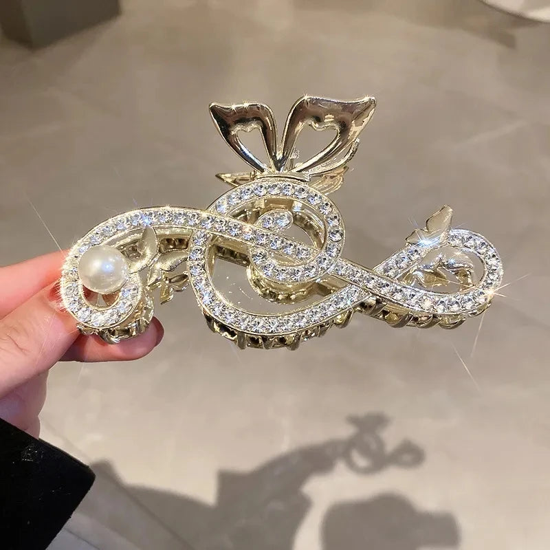 Vintage Elegant Rhinestone Pearl Note Hair Clip Luxury Clef Shape Shark Clip Women Metal Ponytail Hair Accessory Tiara New