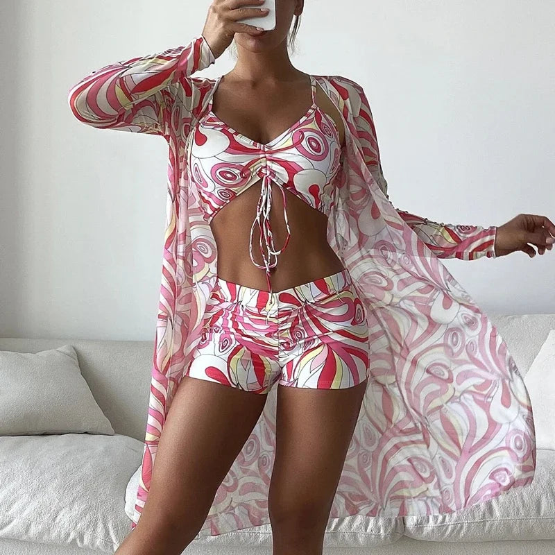 New Women's 3 Pieces Swimsuit Allover Print Tankini+Long Gauze Coat Cover-Up Swimwear High Waist Shorts Bathing Suit Beachwear