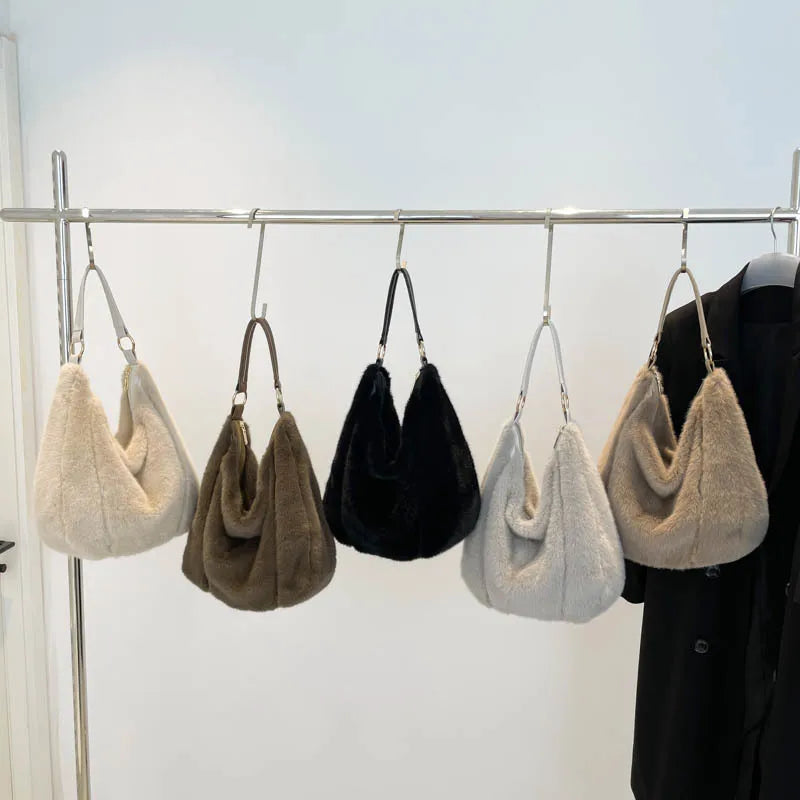 Winter Cotton Fabric Zipper Soft Shoulder Bags Large Capacity Versatile Handbags 2025 High Quality Furry Sweet Women's Bags