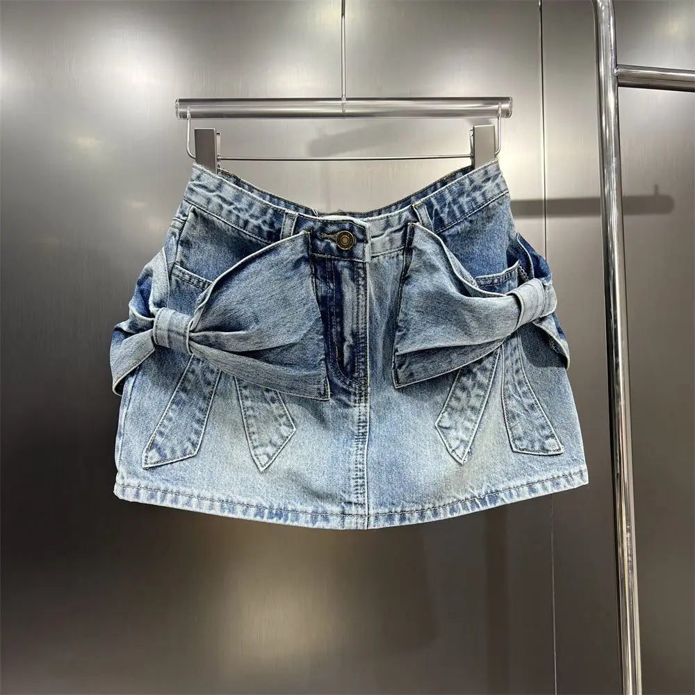 design bow denim short skirt, fashionable and spicy girl, anti slip half skirt, high waist A-line wrapped hip skirt