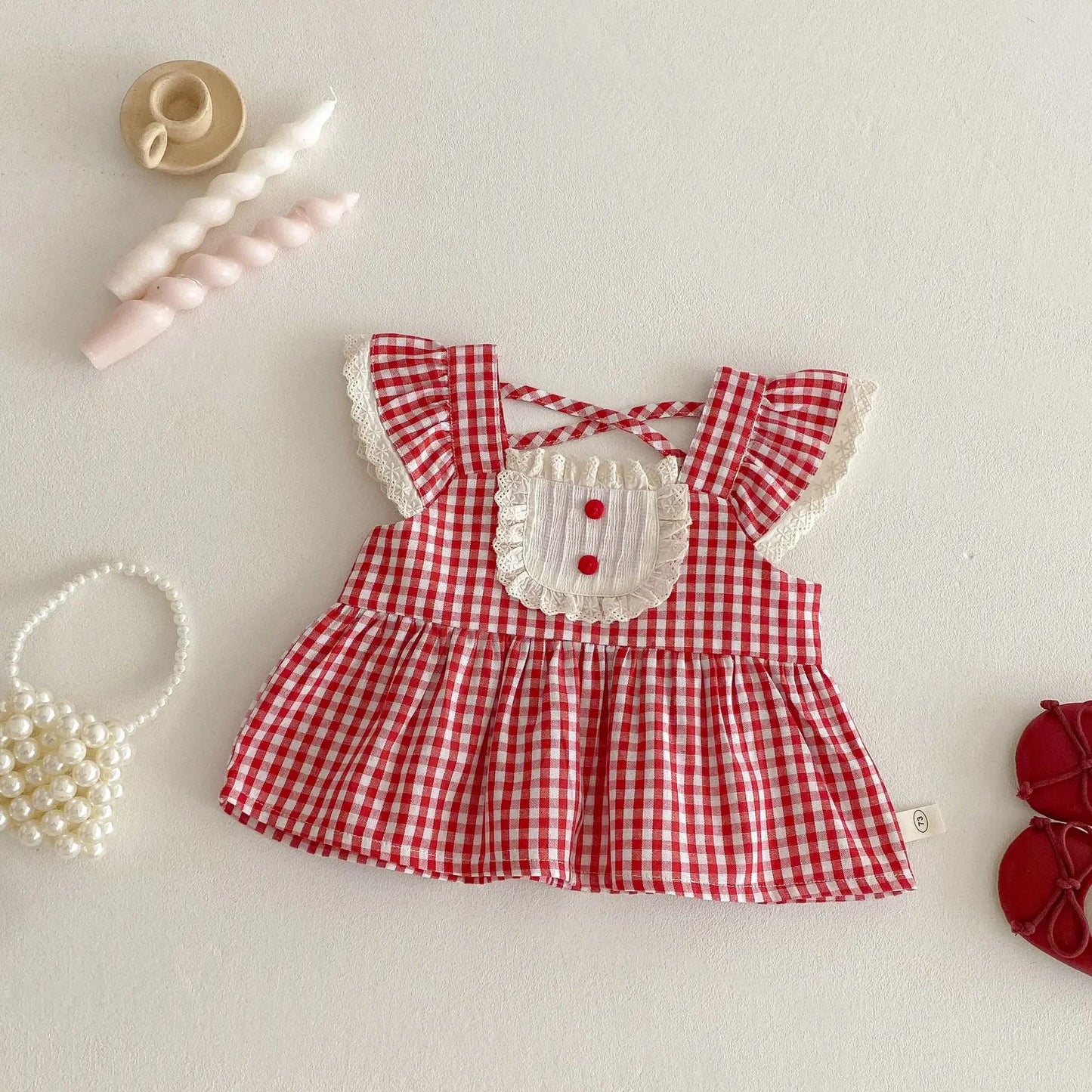 2025 New Summer Girls' Plaid Dress, Korean Style Baby Doll Collar Embroidered Bunny Dress for Toddlers