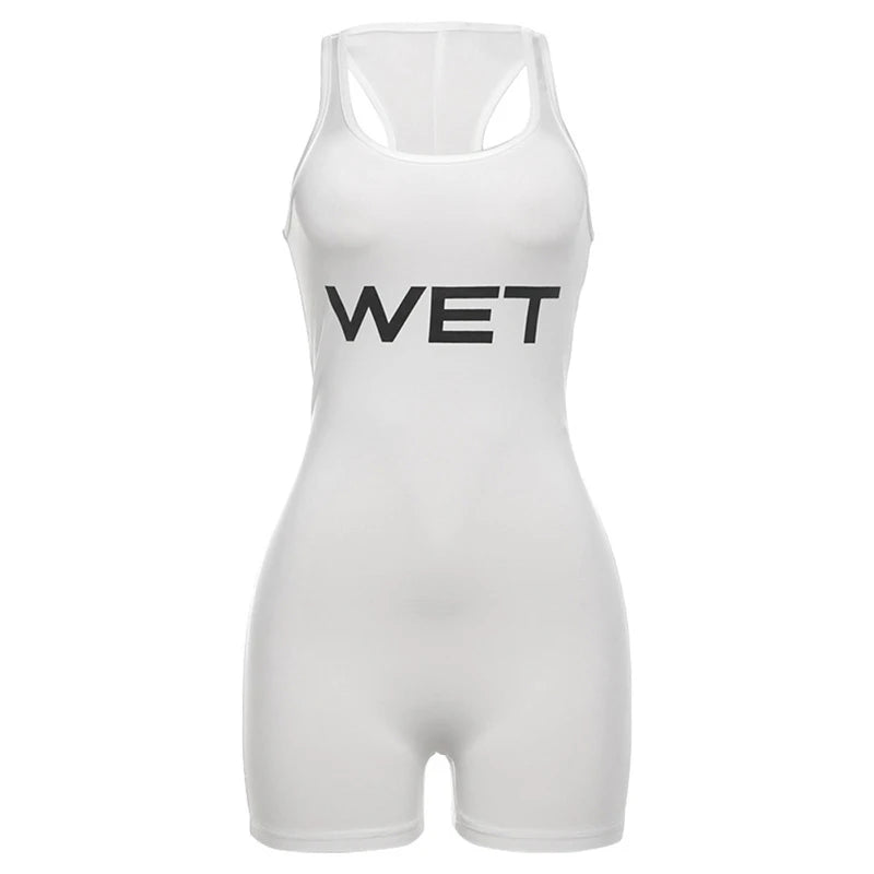 Summer 2025 Women's Sexy Sport Romper White Sleeveless Playsuit Letter Print Subtranslucent Slim Fit Raceback Design