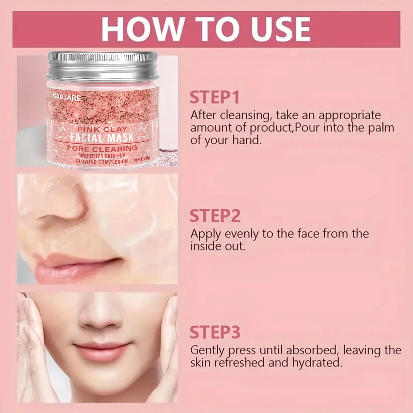 Pink Clay Facial Mask: Pore Clearing, Removes Dirt, Smooths Skin, With Collagen/Biotin for Glowing Complexion