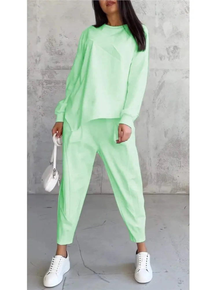 Women Casual Solid Set Fashion O Neck Long Sleeve Loose Top And Long Pants Two Piece Sets Lady Spring And Autumn Sports Sets