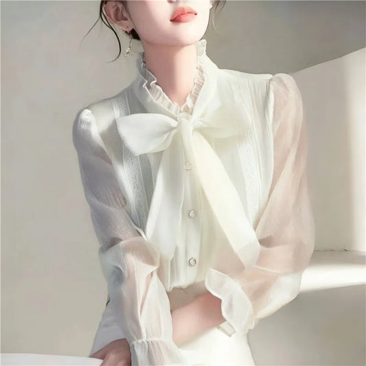 Chiffon Women Shirts Summer 2023 Solid Long Sleeve Fashion Y2k Blouses Loose Korean Top Bow New Casual Blusa