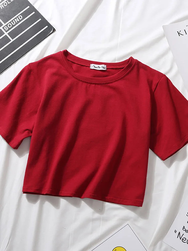 Summer Short Sleeve T Shirts Women Cotton Solid T-shirt O Neck High Waist Crop Top Tee Female Casual Loose T Shirt