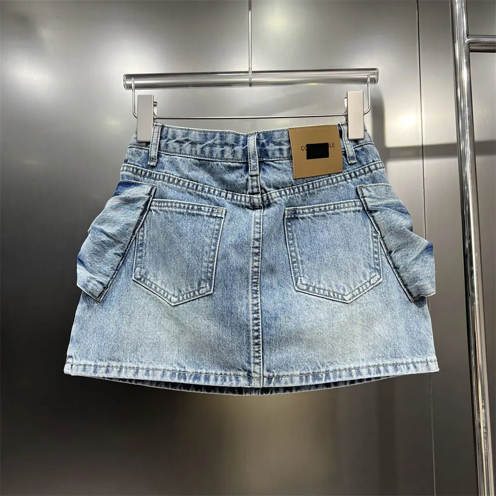 design bow denim short skirt, fashionable and spicy girl, anti slip half skirt, high waist A-line wrapped hip skirt