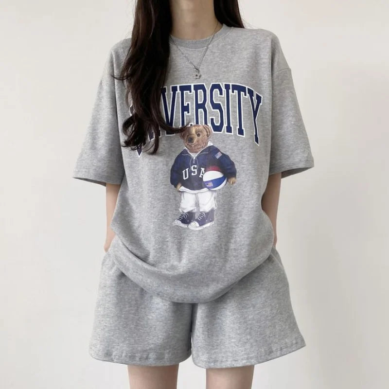 Summer Cotton Bear Print Short Sets 2025 New Casual Loose Two Pieces Short Sleeve T Shirt and High Waist Short Pants Suits Women