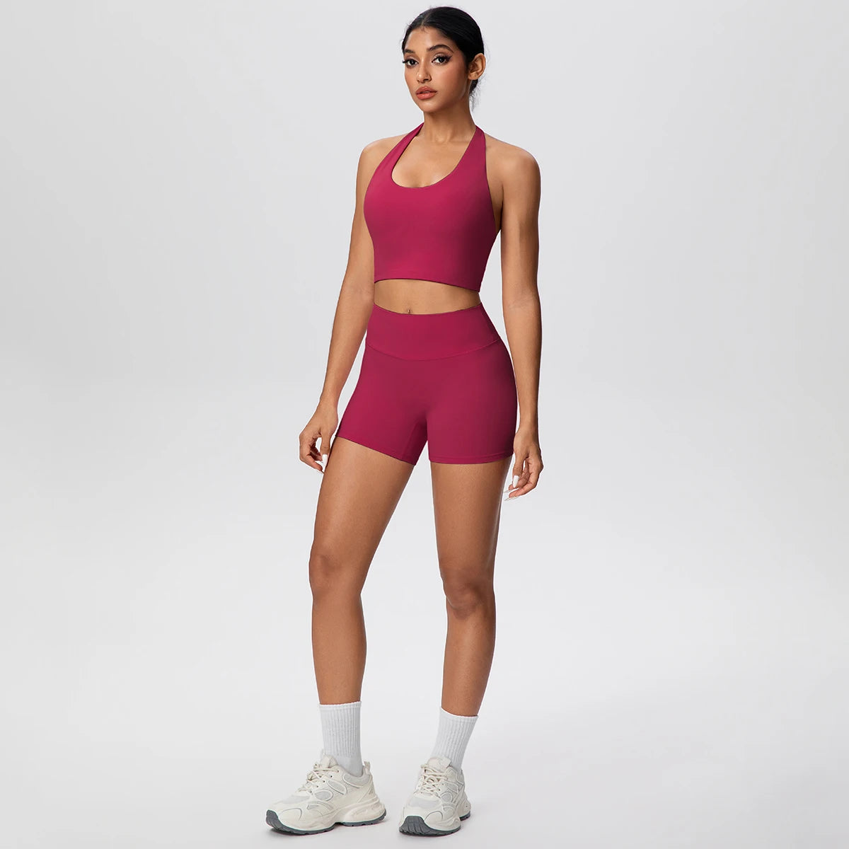 Woman Gym Yoga Set High Waisted Lifting Buttocks Sports Yoga Shorts Breathable Sexy Beautiful Back Halter Bra Chest Pad Yoga Set