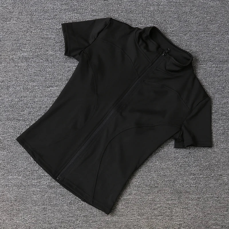 Summer High Quality Waist Slimming Training Tops Women's Quick-drying Tight Stand Collar Full Zipper Short Sleeves Yoga shirts