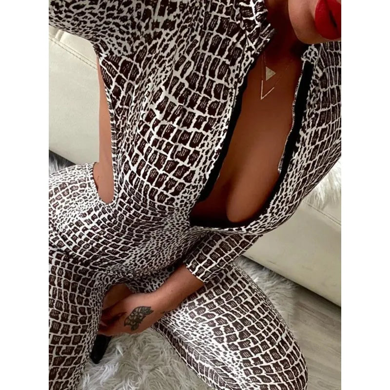 Krisnanas Women's Crocodile Print Stand Collar Zipper Backless Bodycon Jumpsuit Sexy Party Catsuit for Clubwear & Festival