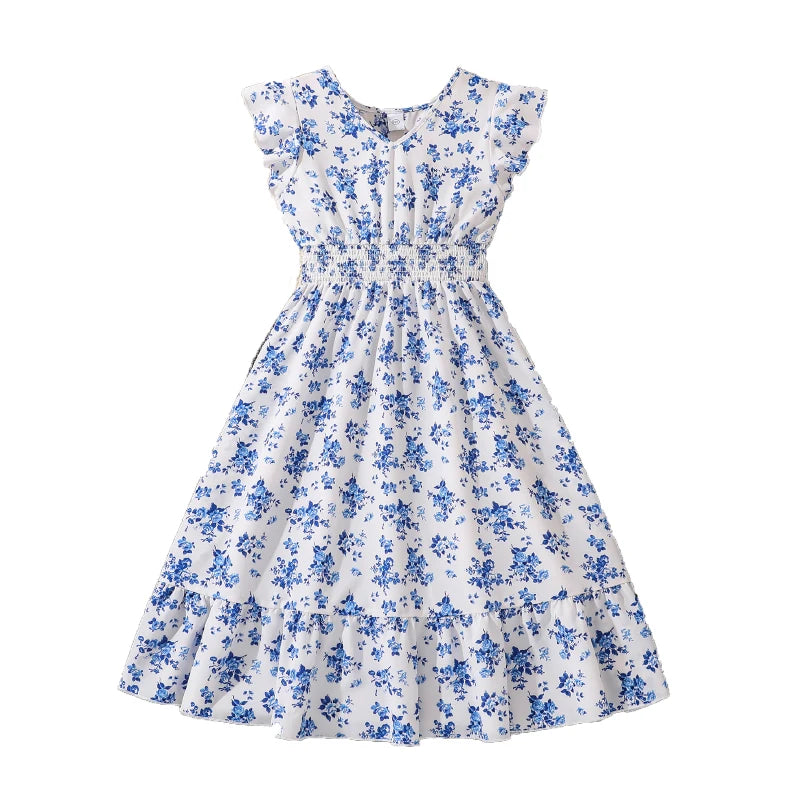 Girls Sleeveless Striped Navy Blue Dress Shirred-Waist Aline Dress Summer Tween Girls Dress Daily Casual Activity Baptism Dress