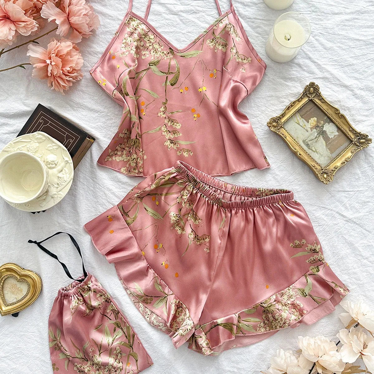 3 Pcs Summer Women Dress Silk Pajamas Fashion Print Suspenders and Shorts With Hanging Bag Home Wear Set Sexy