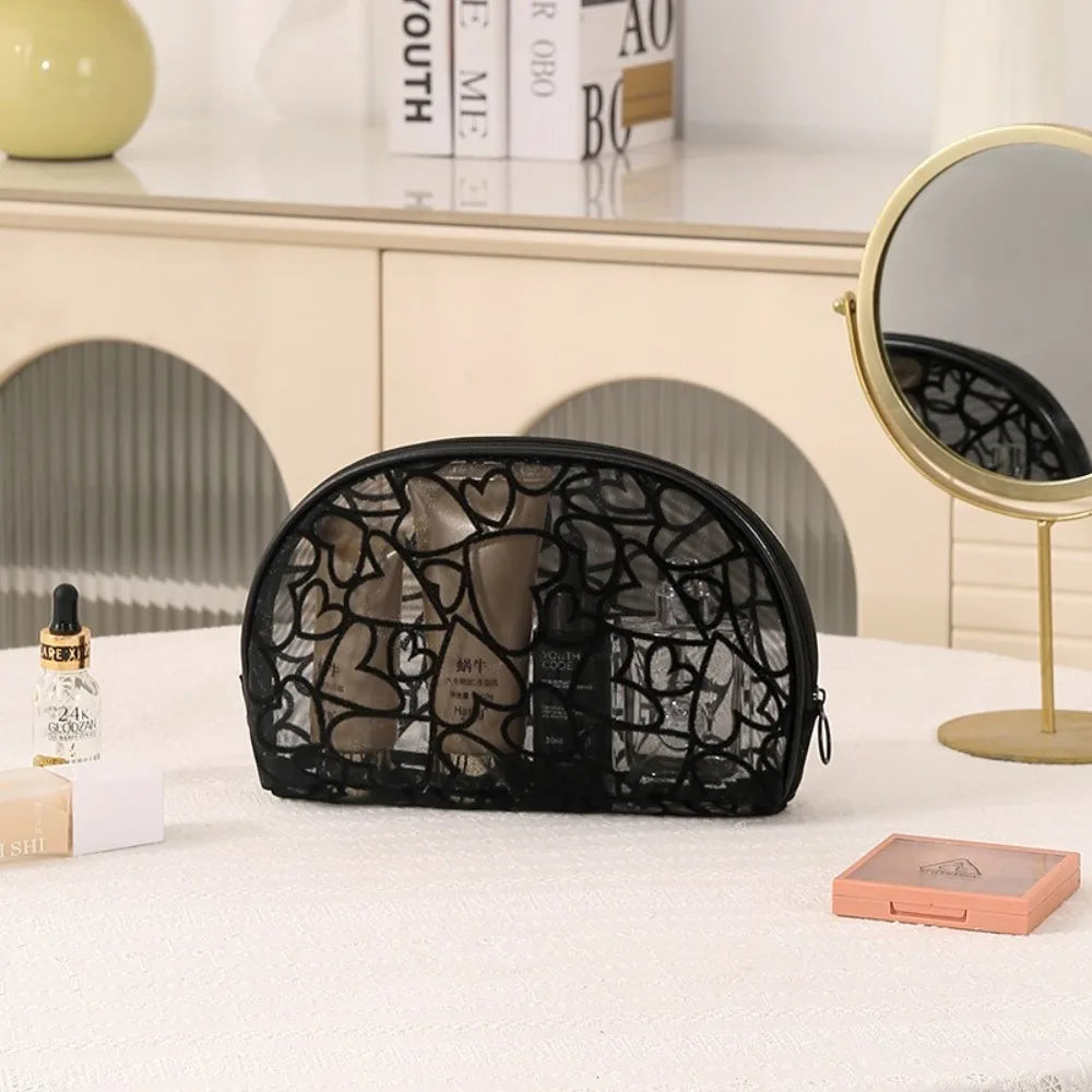 Fashion Portable Cosmetics Storage Bag Mesh Heart Makeup Bag Toiletries Bag Women