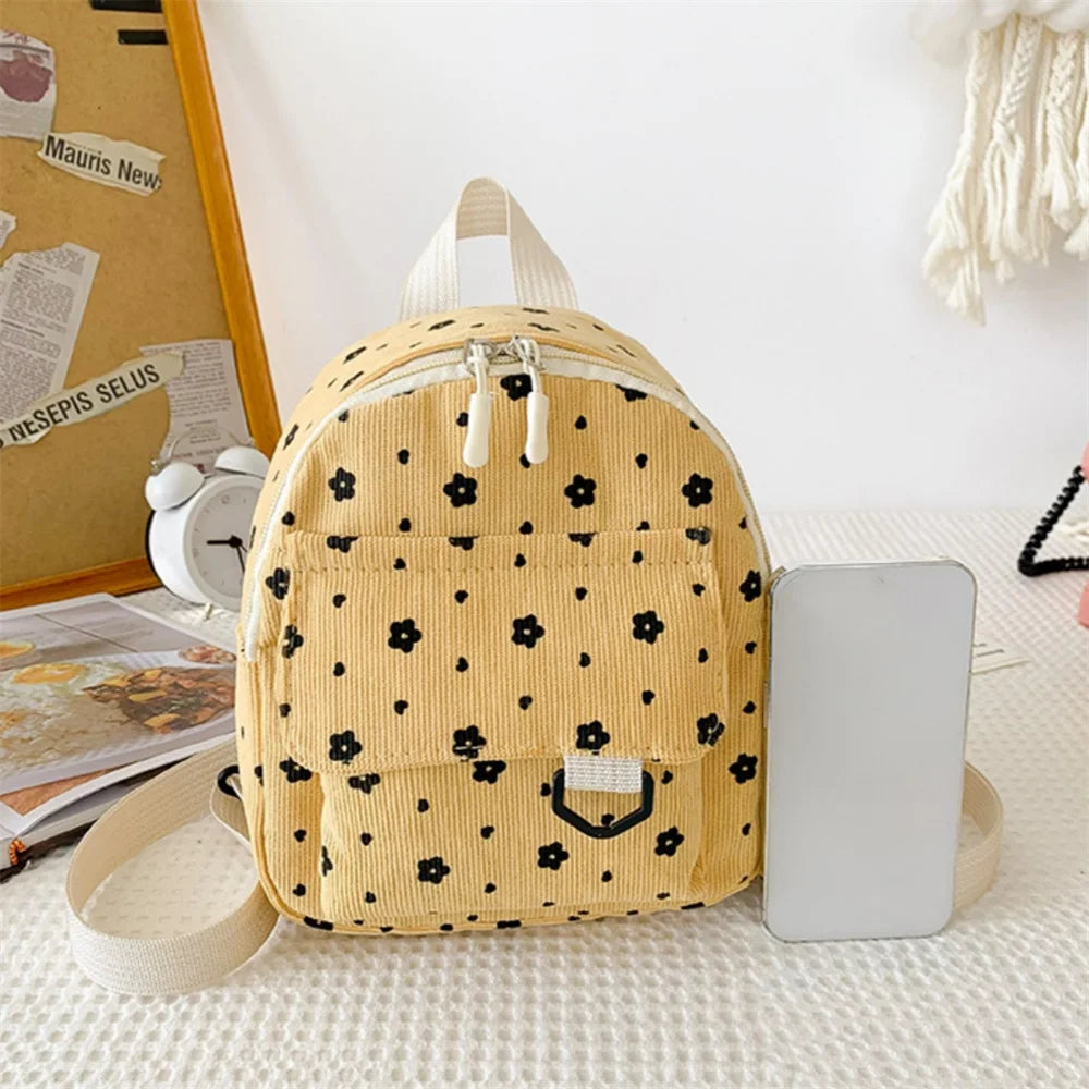 Cute Small Flowers Corduroy Mini Backpack Women's Lightweight Backpacks Large Capacity Travel Rucksack Student School Baskpack