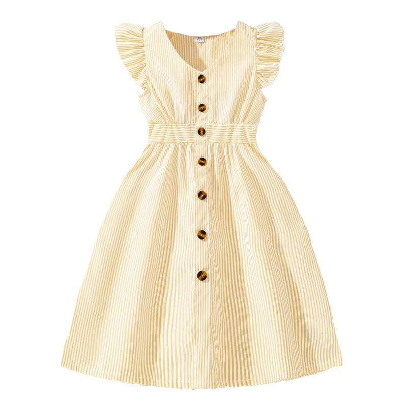 Girl Dress Summer New Light Blue Stripe Ruffled Sleeveless V-Neck Dress Elegant Cute Daily Casual Vacation Preppy Style Outifits