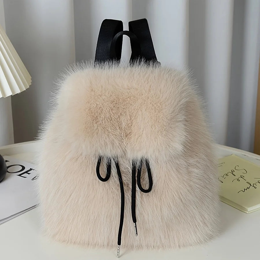 Women's Plush Faux Fur Backpack with Adjustable Drawstring Closure Daypack for Casual Formal Use Mini Backpack Soft Texture Bag