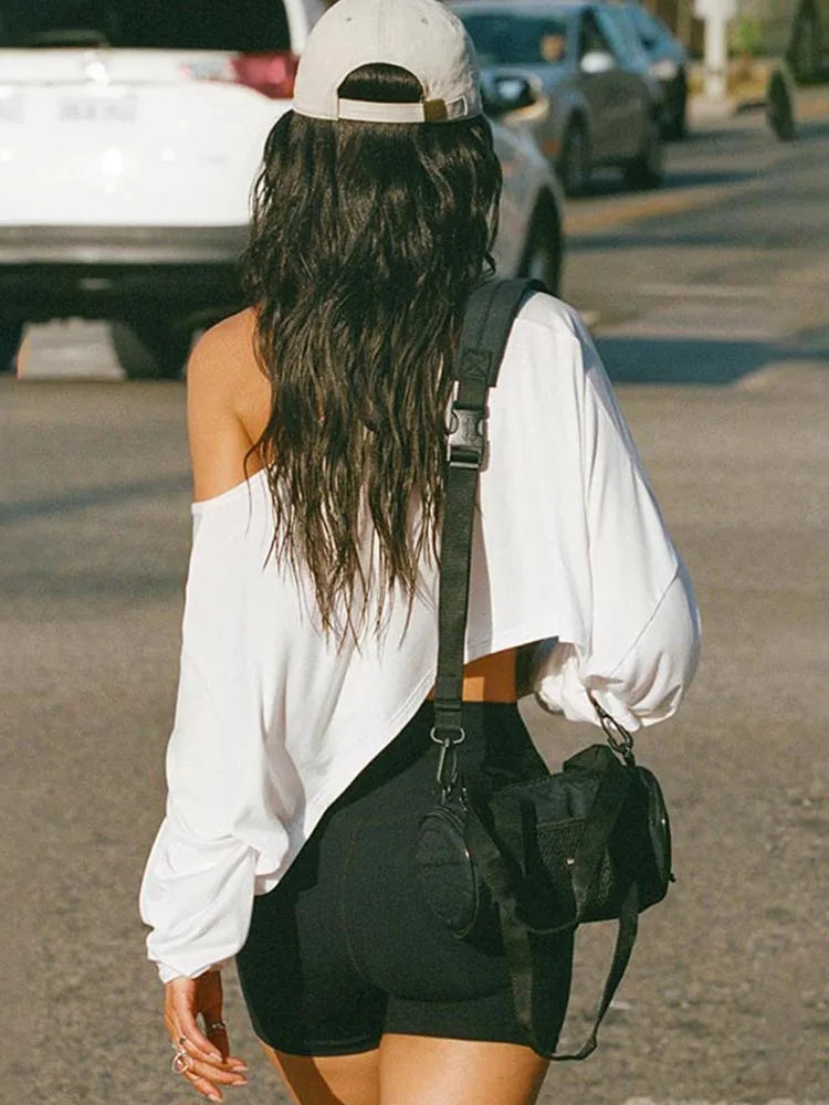 Women's Vintage 2000s White Long Sleeve Off-Shoulder Crop Top Streetwear Casual Harajuku Style Loose T-Shirt for Autumn