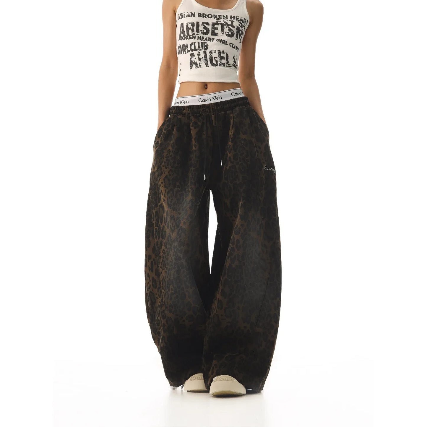 Y2K American Retro Pants Women Washed Leopard Print Spicy Girl Loose Slimming Wide Leg Versatile Casual Fashion