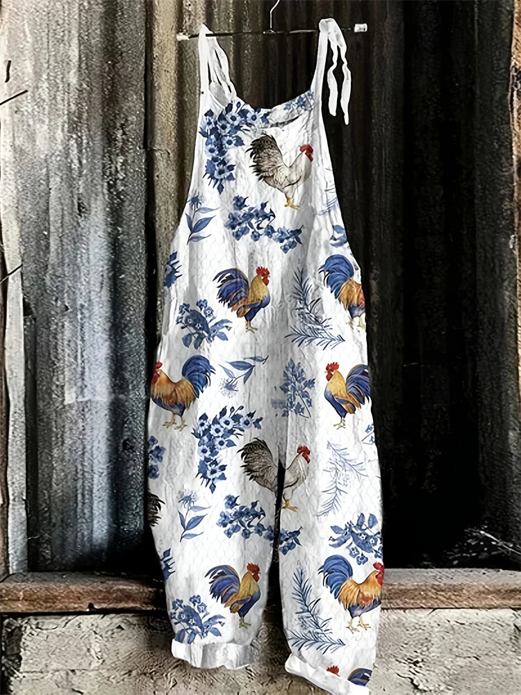 2025 Hot Women's Summer Fashion One-piece Suspender Pants Simple Comfortable Home Wide-leg Pants 3D Rooster Printed Work Pants