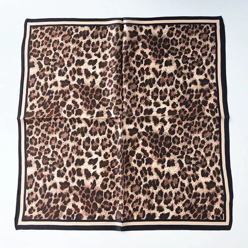 New 100% Real Silk Scarf For Woman Vintage Leopard Head Hair Scarfs Small Square Bandana Femme Office Neckerchief SD0201