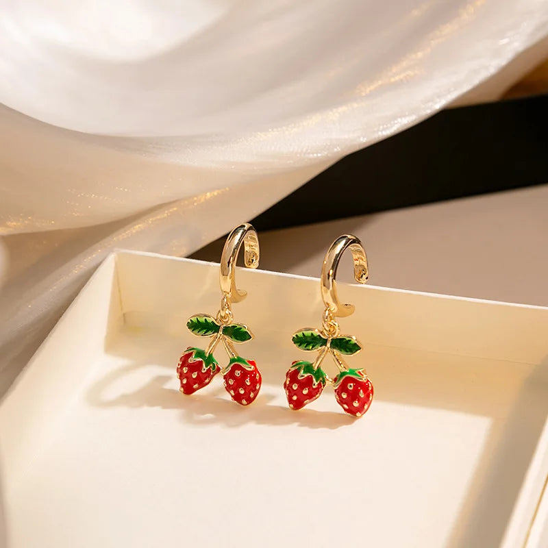 LATS Red Zircon Cherry Leaf Stud Earrings for Women Fashion Crystal Dangle Party Prom Birthday Wedding Gifts Jewelry Accessories