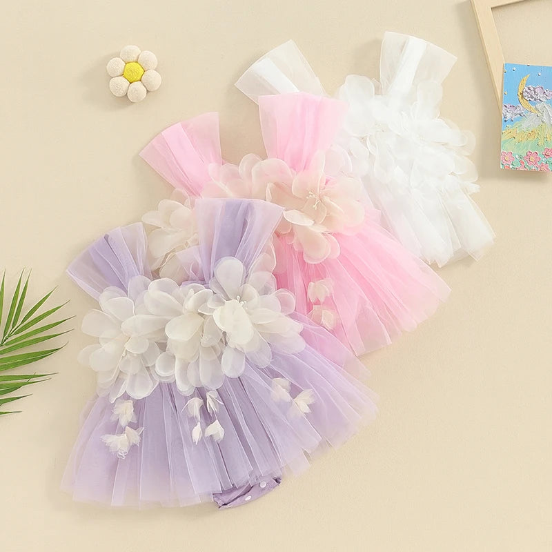Summer Infant Baby Girls Rompers Dress Sleeveless 3D Flower Decor Tulle Patchwork Newborn Infant Jumpsuit Toddler Clothes