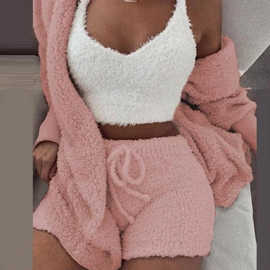 Plush Home Fluffy Pajamas Suit Women's Casual Pajamas Vest Shorts Plus Size Hoodie Casual Jumpsuit Winter Three-piece Pajamas
