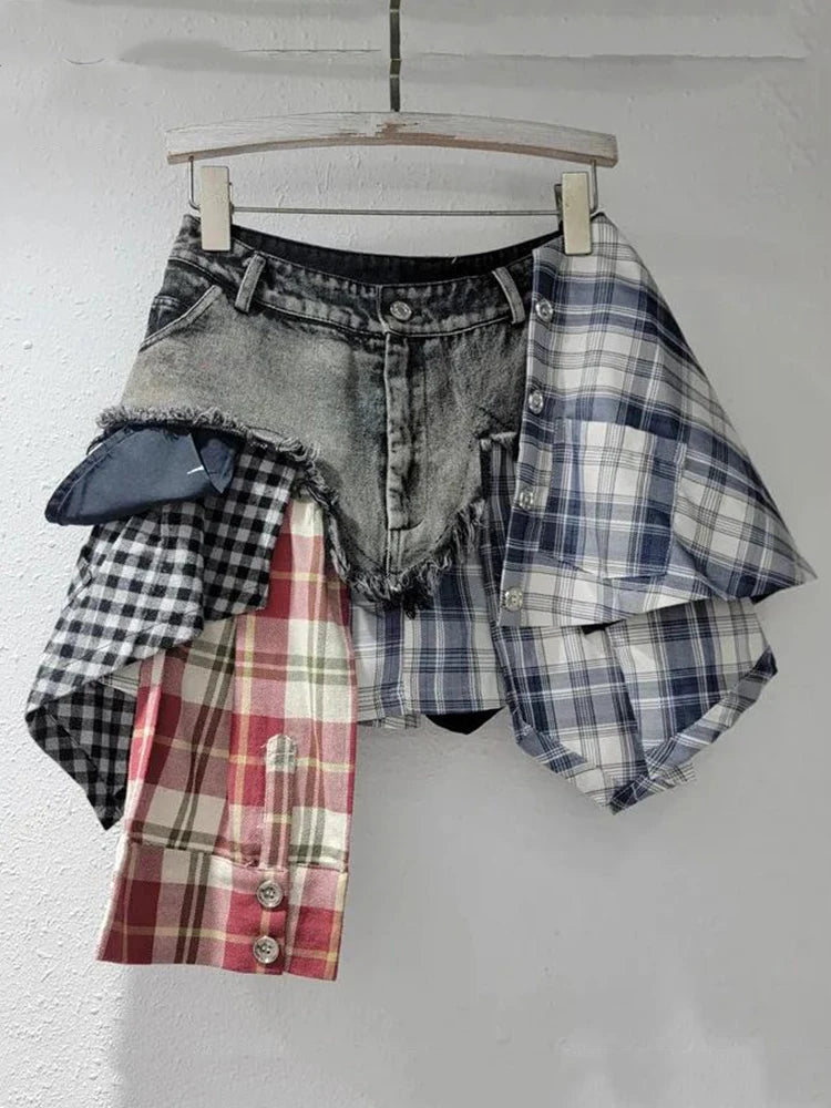 DEAT Fashion Women's Plaid Skirt Denim Spliced Tassel Irregular Hem A-line Patchwork Slim Skirts Summer 2024 New Tide 29L7797