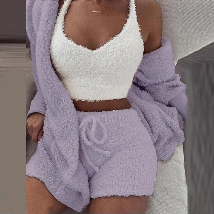 Plush Home Fluffy Pajamas Suit Women's Casual Pajamas Vest Shorts Plus Size Hoodie Casual Jumpsuit Winter Three-piece Pajamas