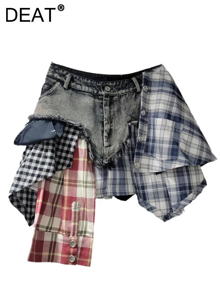 DEAT Fashion Women's Plaid Skirt Denim Spliced Tassel Irregular Hem A-line Patchwork Slim Skirts Summer 2024 New Tide 29L7797
