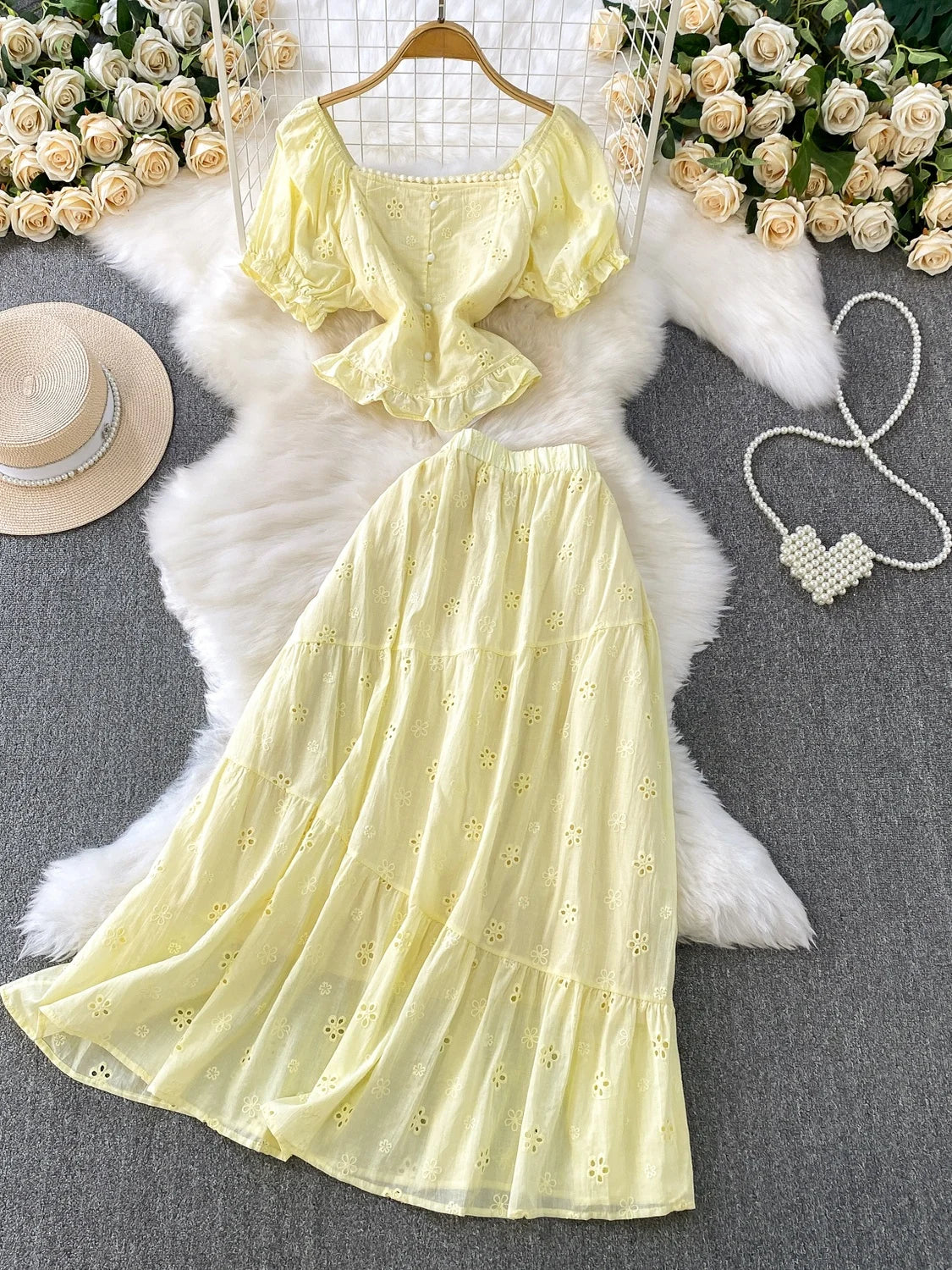 Pink Gentle Wind Square Collar Bubble Sve irt ort ter Top Hook Flower Hollow out f Skirt Set Women's Faion Spr...