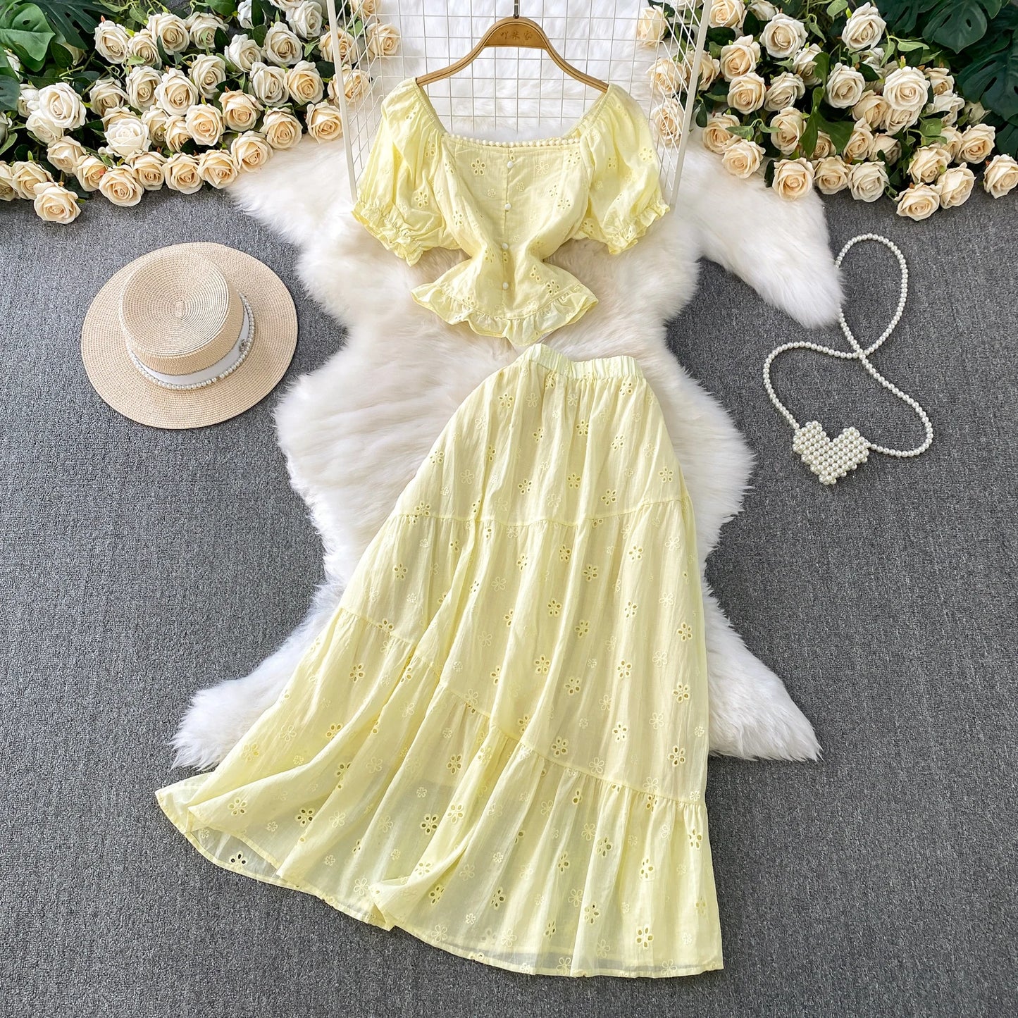 Pink Gentle Wind Square Collar Bubble Sve irt ort ter Top Hook Flower Hollow out f Skirt Set Women's Faion Spr...