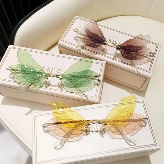 Vintage Dragonfly Wings Sunglasses Fashion Rimless Women Clear Lens Eyewear Men Pink Sun Glasses UV400 Eyewear Female