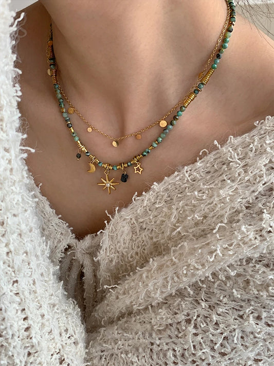 Peri'sbox New Multi-layer Acrylic Beaded Star Moon Starburst Charm Necklace for Women Bohemian Fashion Girl Summer Jewelry Gifts