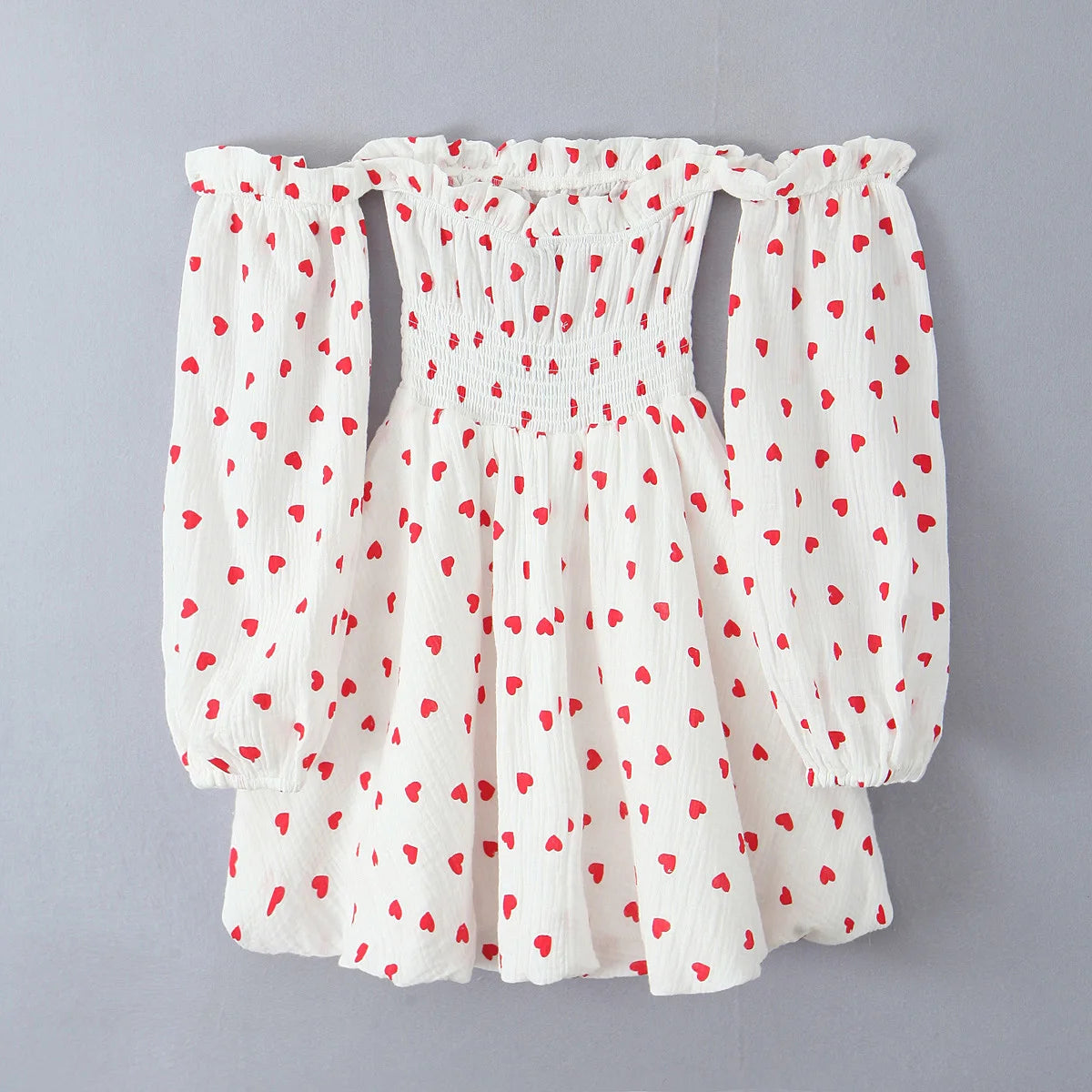 Sexy White Red Heart Print Wood Ears Slash Shoulder Full Puff Sleeve Mini Dress Women Slim Elastic Waist Swing A-line Short Robe