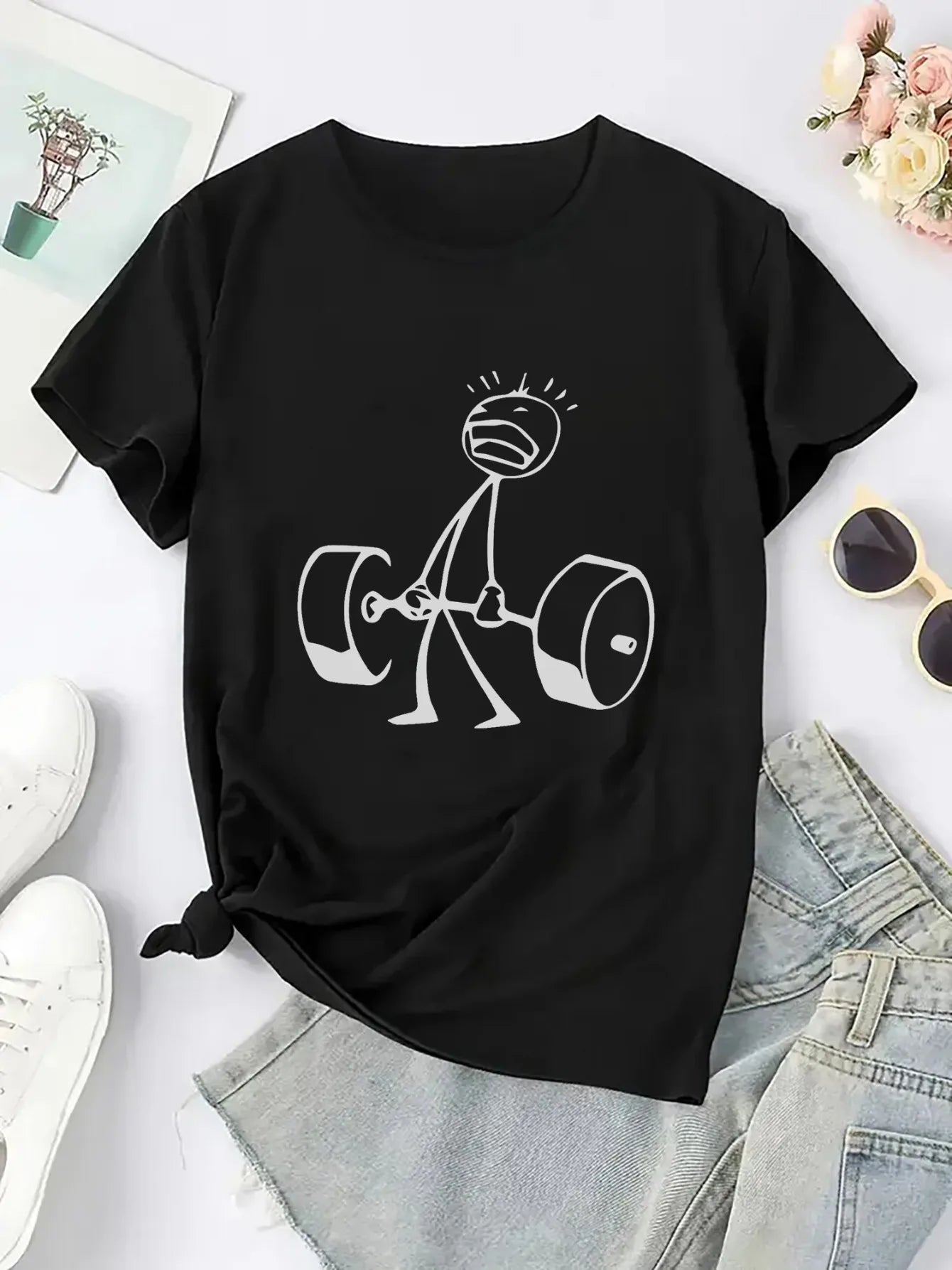 T-Shirt - White Graphic Print Tee with Dumbbell Design for Gym & Casual Wear Summer Short Sleeved Harajuku Streetwear Tops Tees