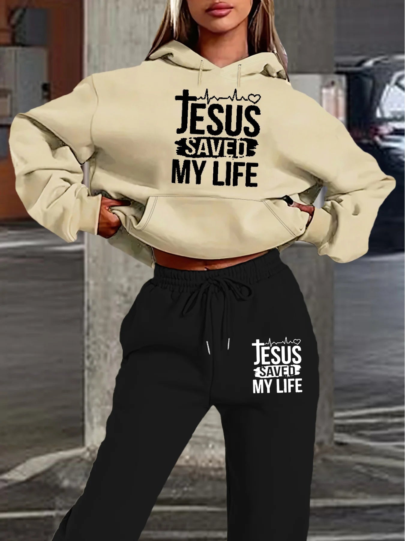 Women's autumn and winter casual fashion loose hip-hop street JESUS letter printed warm hooded sweatshirt+sports pants set