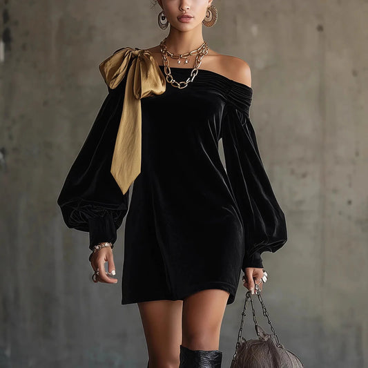 Cocktail Party Off The Shoulder Lantern Sleeve Long Sleeve Bow Tie Vintage Velvet Mini Dresses Autumn Winter Elegant Party Dress