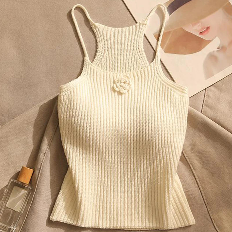Summer Sexy Flower Knitted Camisole Women's Solid Color Sleeveless Slim Crop Top