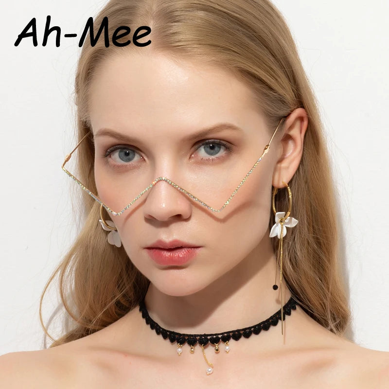 Protective Glasses New Fashion Crystal Sunglasses For Women Small Diamond Eyeglasses Line Alloy Eyewear Punk Half Frame Glasses