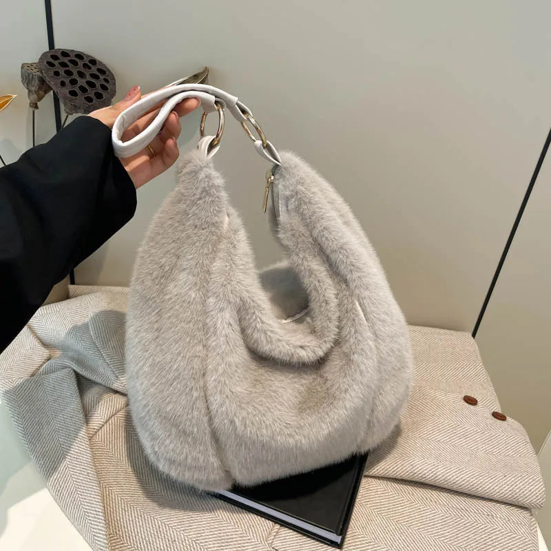 Winter Cotton Fabric Zipper Soft Shoulder Bags Large Capacity Versatile Handbags 2025 High Quality Furry Sweet Women's Bags